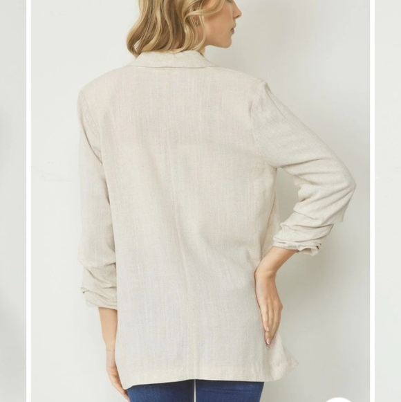Entro Cream Open Linen Blazer Jacket Size 1x With Shirred Sleeves - Picture 7 of 13